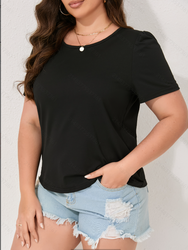 Plus Size Black Solid Short Sleeves Top
