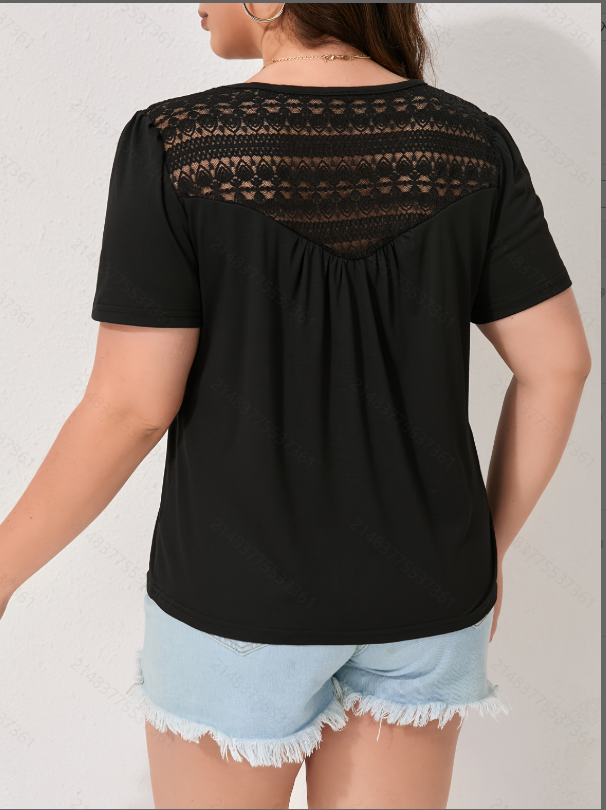 Plus Size Black Solid Short Sleeves Top