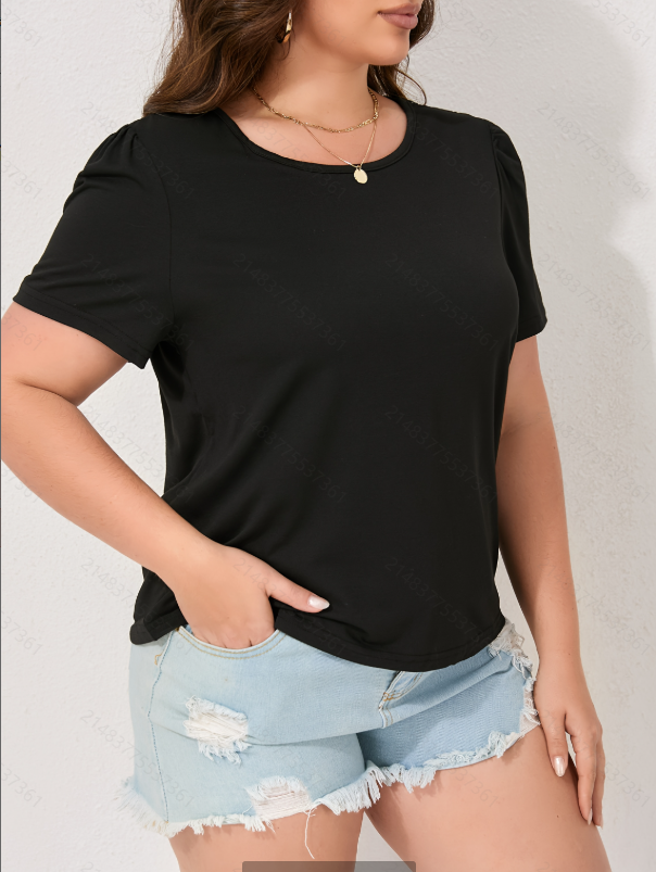 Plus Size Black Solid Short Sleeves Top