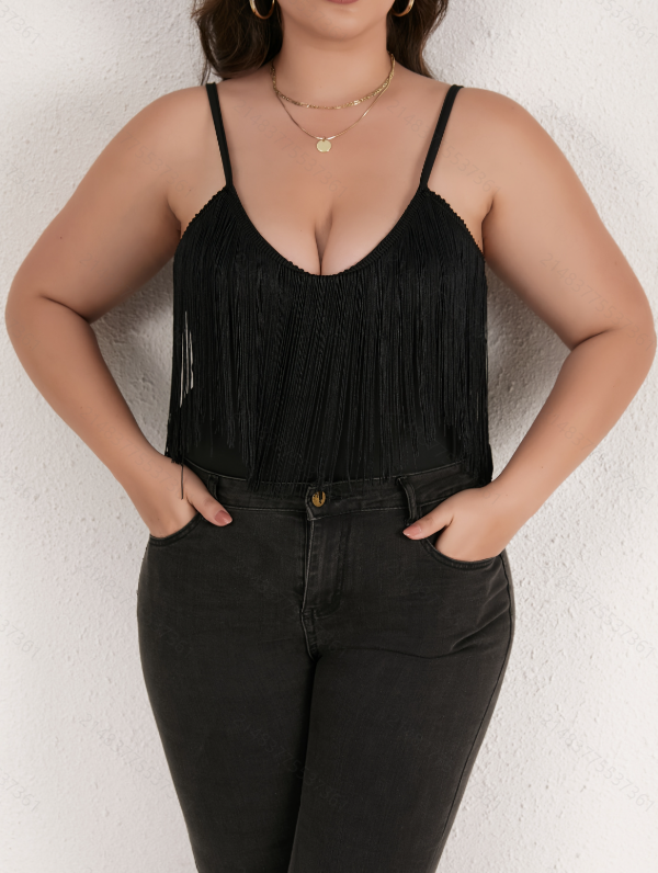 Plus Size Black Strappy Fringe Bodysuit
