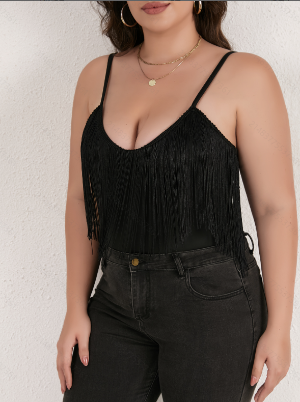Plus Size Black Strappy Fringe Bodysuit