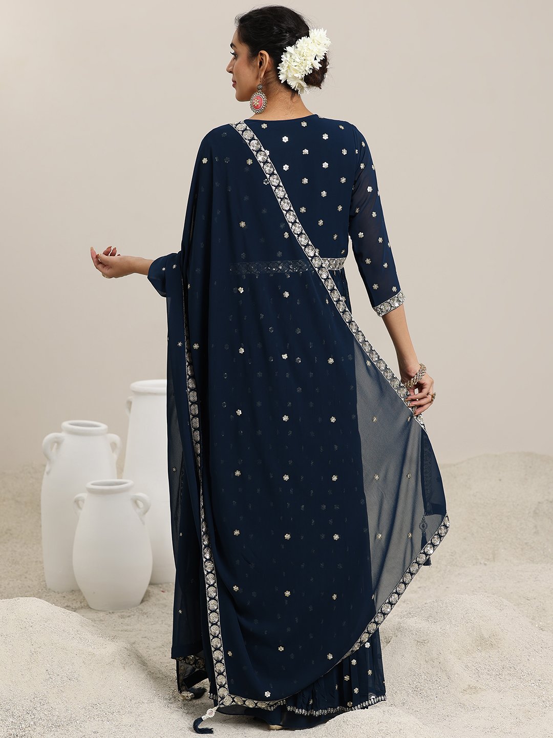 Blue Embellished Georgette Kurta and Pants Co-Ords