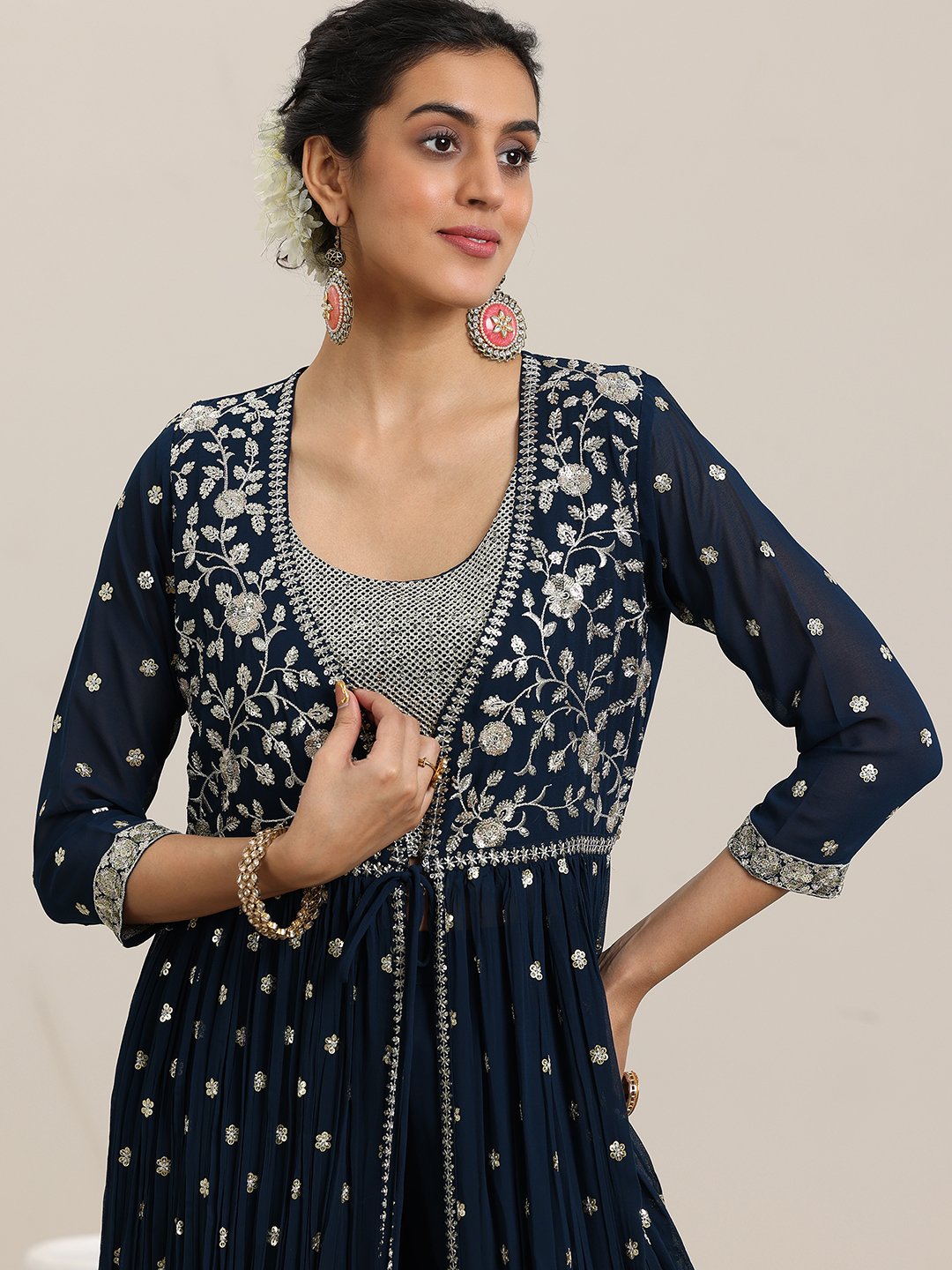Blue Embellished Georgette Kurta and Pants Co-Ords