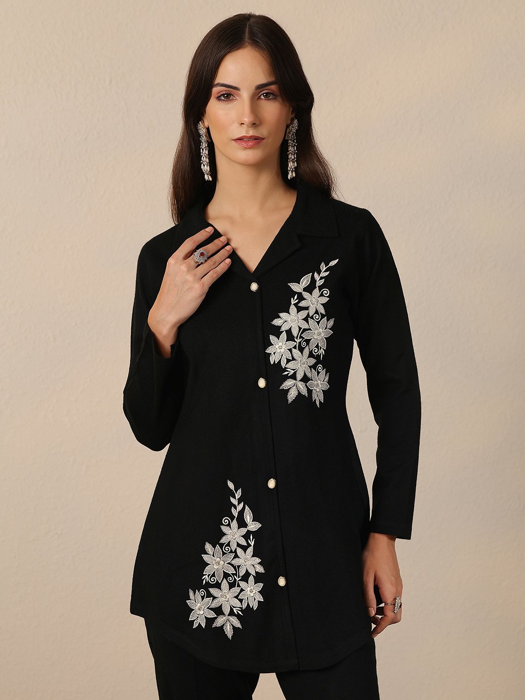 Black Floral Wool Like Top and Pants Co-Ords