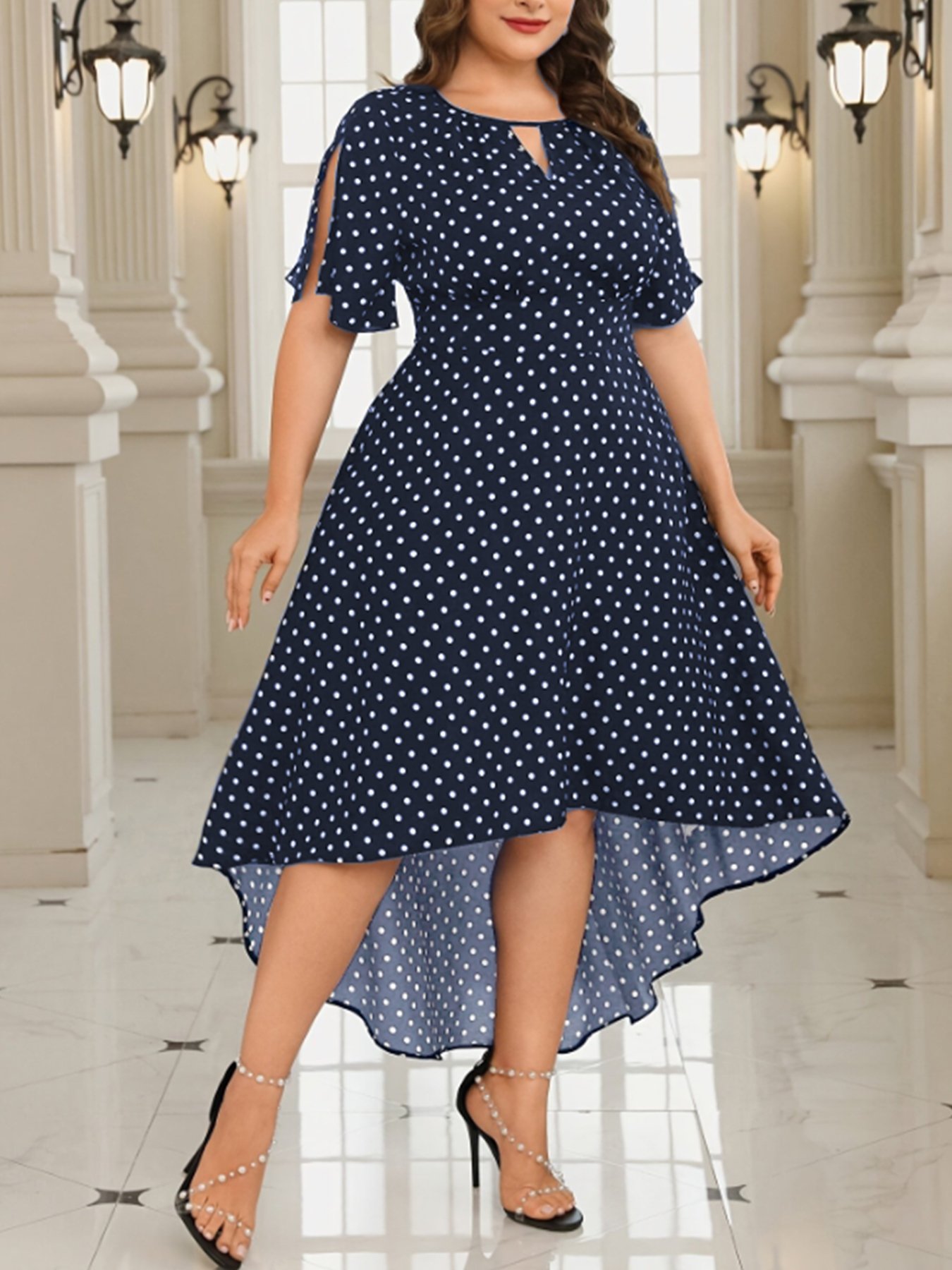 Plus Size Dark Blue Polka Dot A-Line Dress