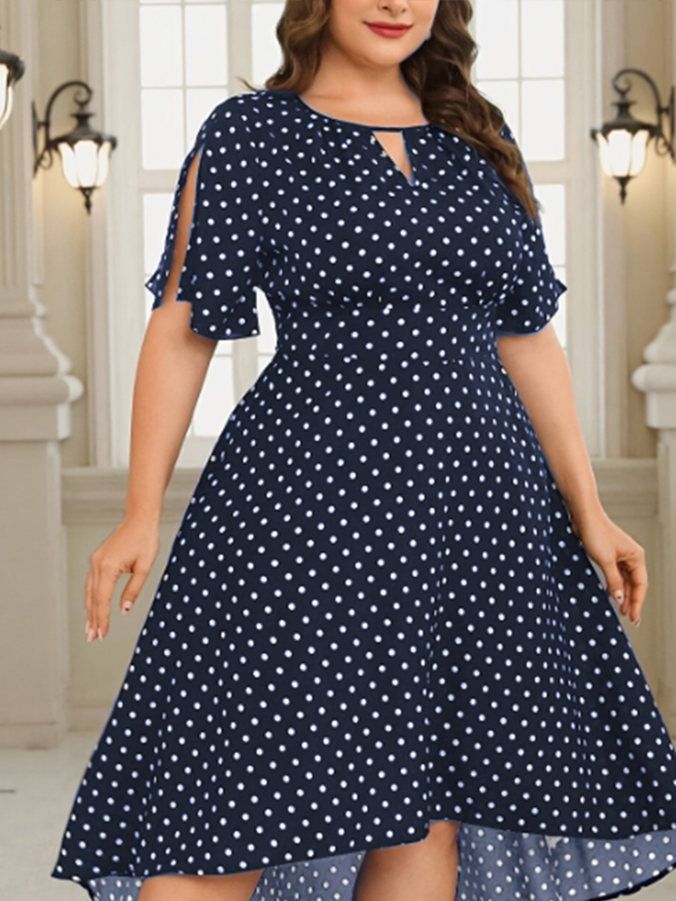 Plus Size Dark Blue Polka Dot A-Line Dress