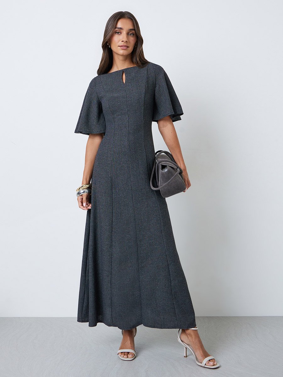 Charcoal A-Line Maxi Dress with Flutter Sleeves