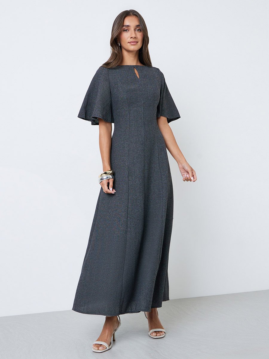 Charcoal A-Line Maxi Dress with Flutter Sleeves