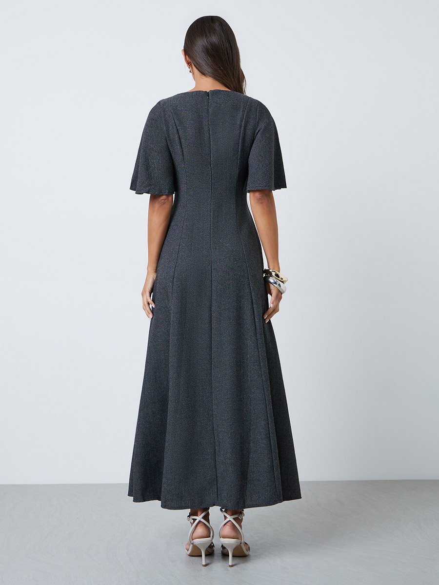 Charcoal A-Line Maxi Dress with Flutter Sleeves
