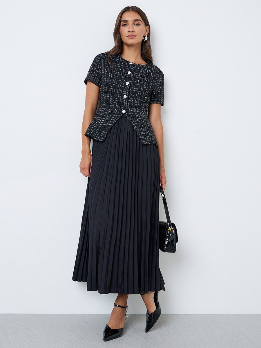 Black Twee-Look Pleated A-Line Maxi Dress