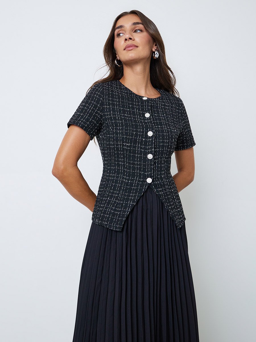 Black Twee-Look Pleated A-Line Maxi Dress