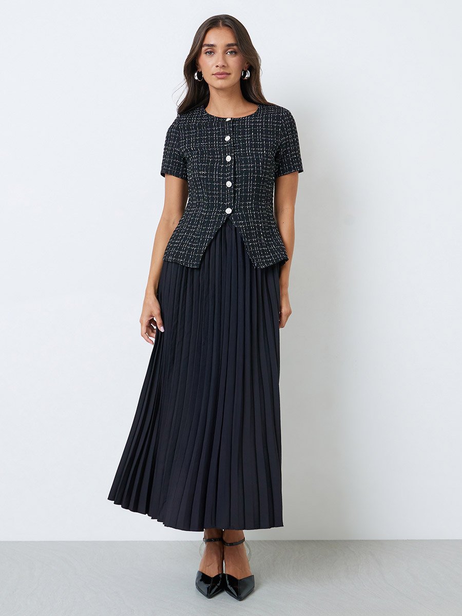 Black Twee-Look Pleated A-Line Maxi Dress