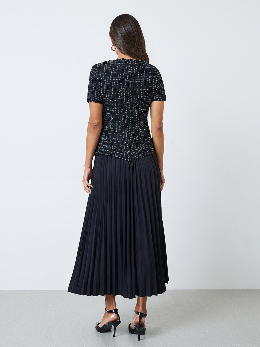 Black Twee-Look Pleated A-Line Maxi Dress