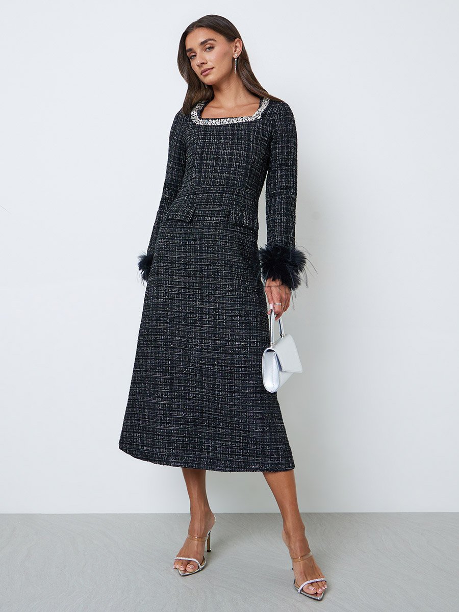 Black Tweed-Look Midi Dress with Faux Feather Cuffs