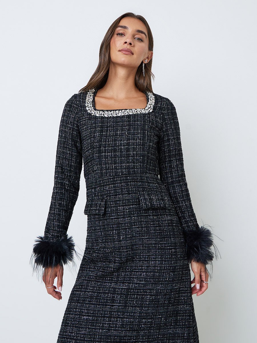Black Tweed-Look Midi Dress with Faux Feather Cuffs