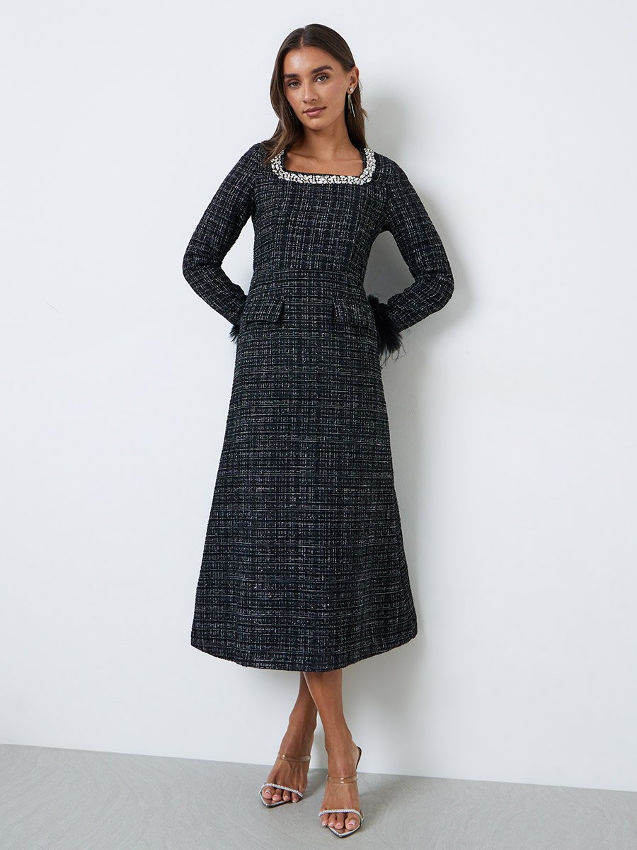 Black Tweed-Look Midi Dress with Faux Feather Cuffs