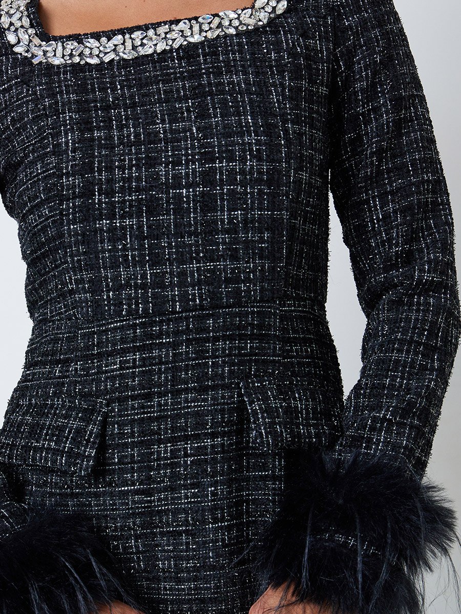 Black Tweed-Look Midi Dress with Faux Feather Cuffs