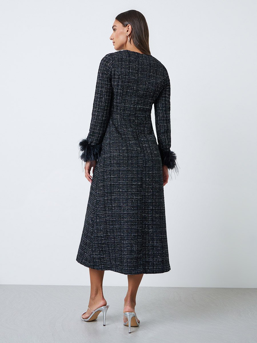 Black Tweed-Look Midi Dress with Faux Feather Cuffs