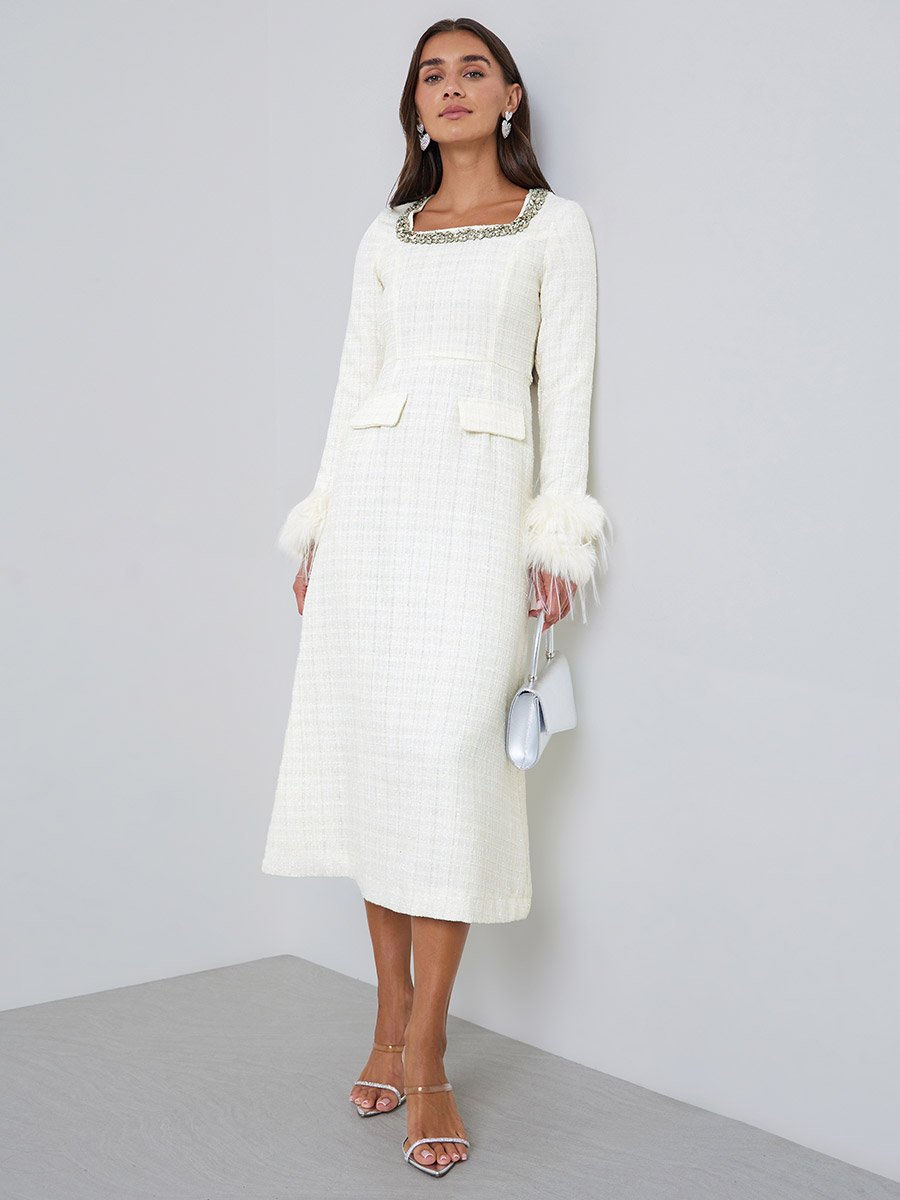 Cream Tweed-Look Midi Dress with Faux Feather Cuffs