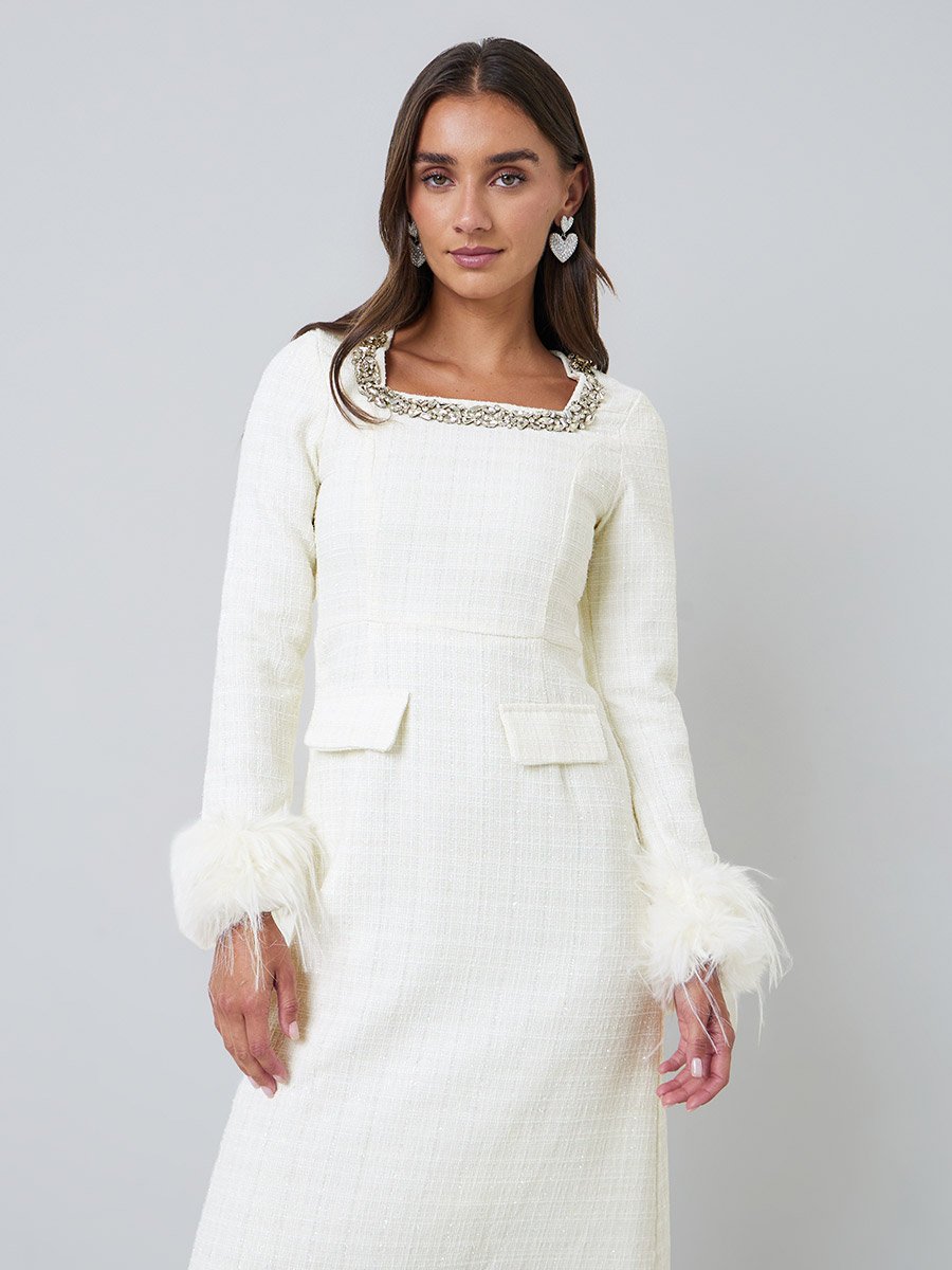Cream Tweed-Look Midi Dress with Faux Feather Cuffs