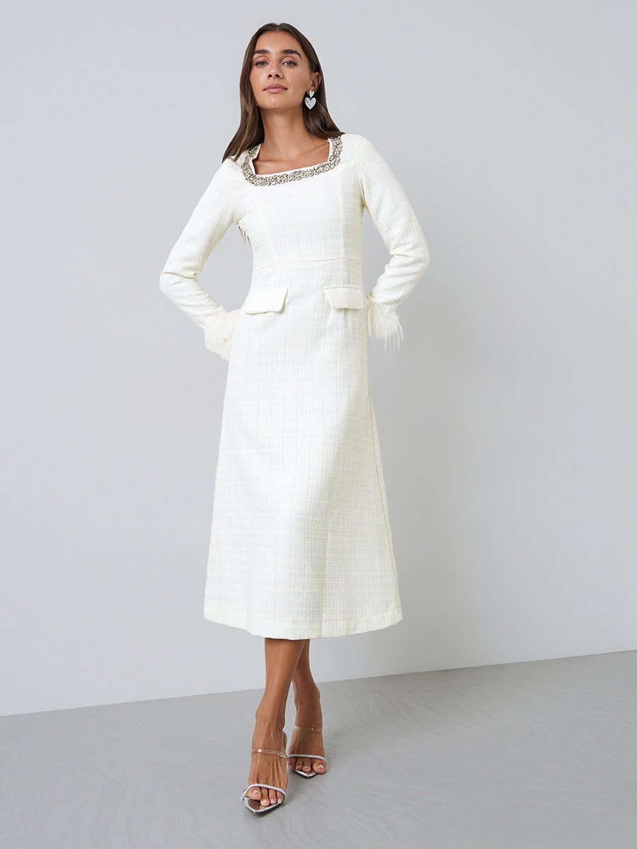 Cream Tweed-Look Midi Dress with Faux Feather Cuffs
