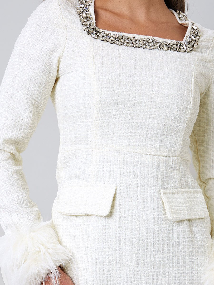 Cream Tweed-Look Midi Dress with Faux Feather Cuffs