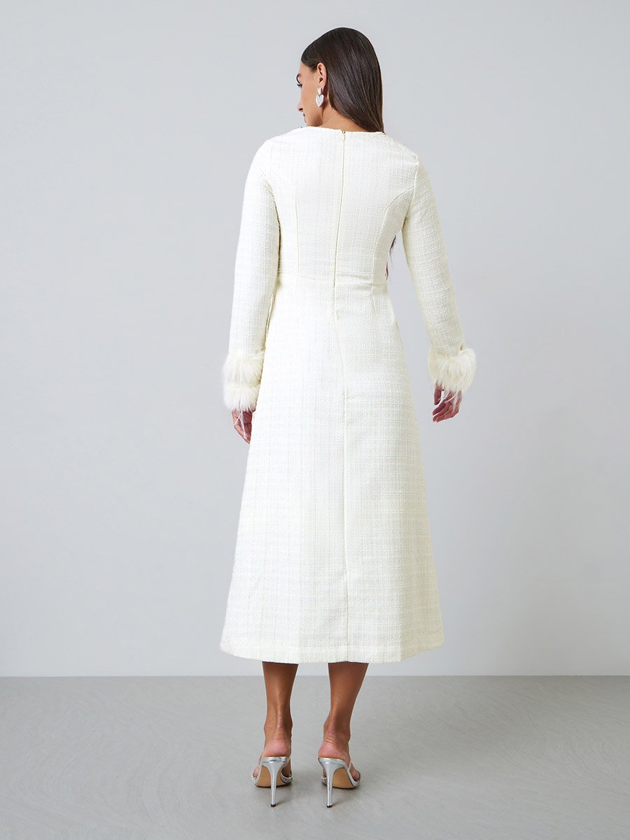 Cream Tweed-Look Midi Dress with Faux Feather Cuffs
