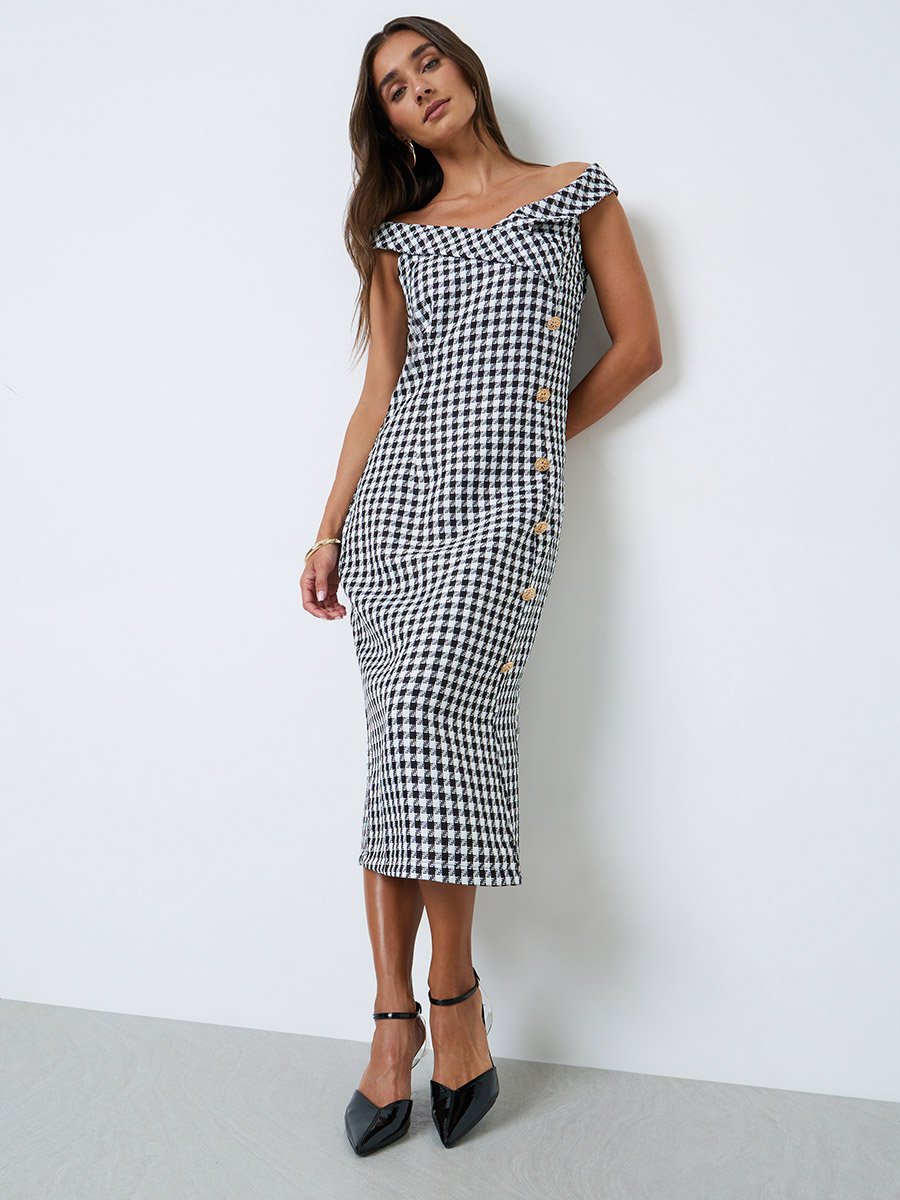 Black Houndstooth Sheath Midi Dress