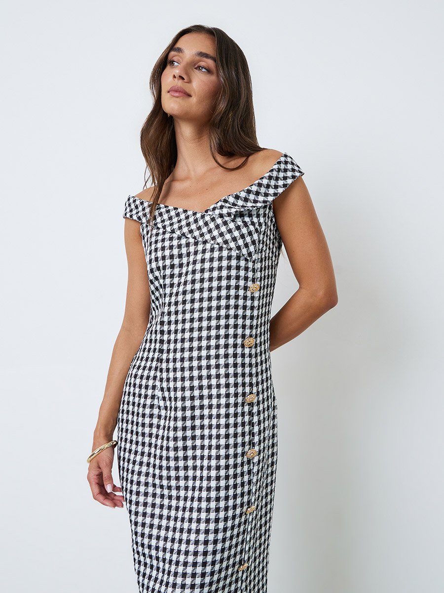 Black Houndstooth Sheath Midi Dress