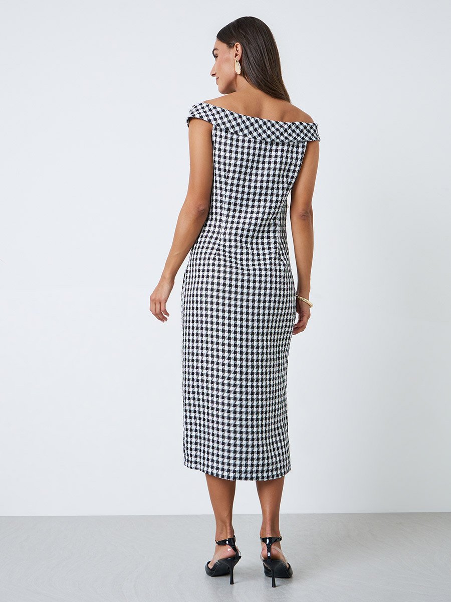 Black Houndstooth Sheath Midi Dress