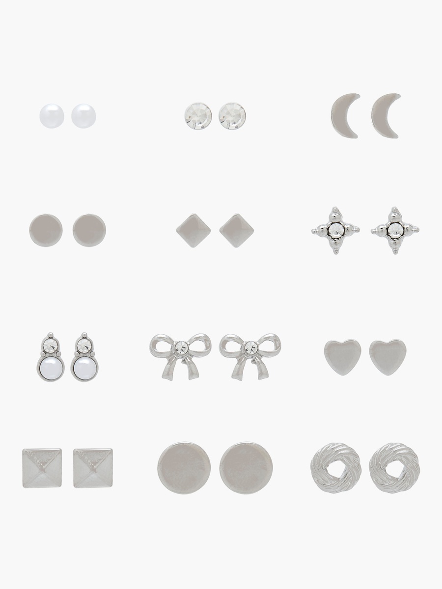 Pack of 12 Silver Tone Stud Earrings with Pushback Closure