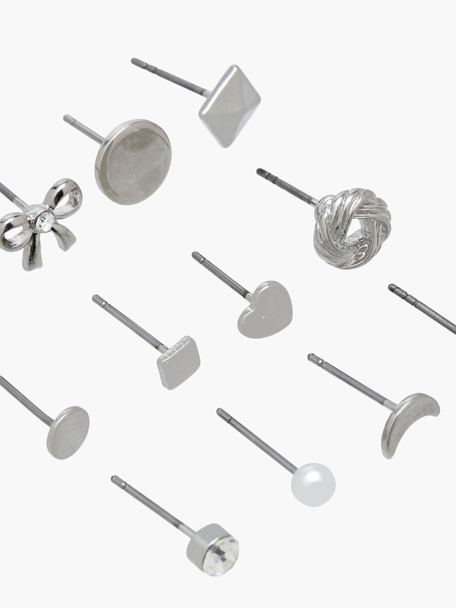 Pack of 12 Silver Tone Stud Earrings with Pushback Closure