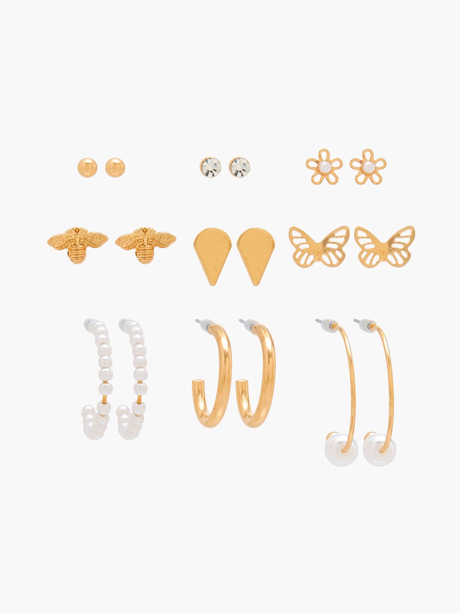Set of 9 - Gold Tone Assorted Earrings with Pushback Closure