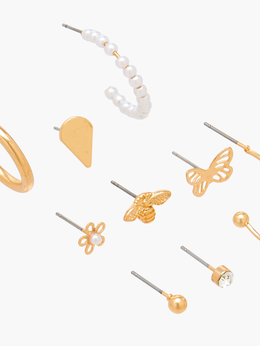 Set of 9 - Gold Tone Assorted Earrings with Pushback Closure