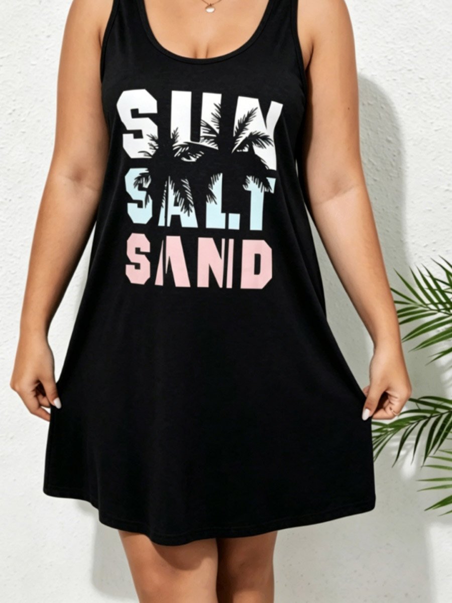 Plus Size Black Graphic Print Sleeveless Nightdress