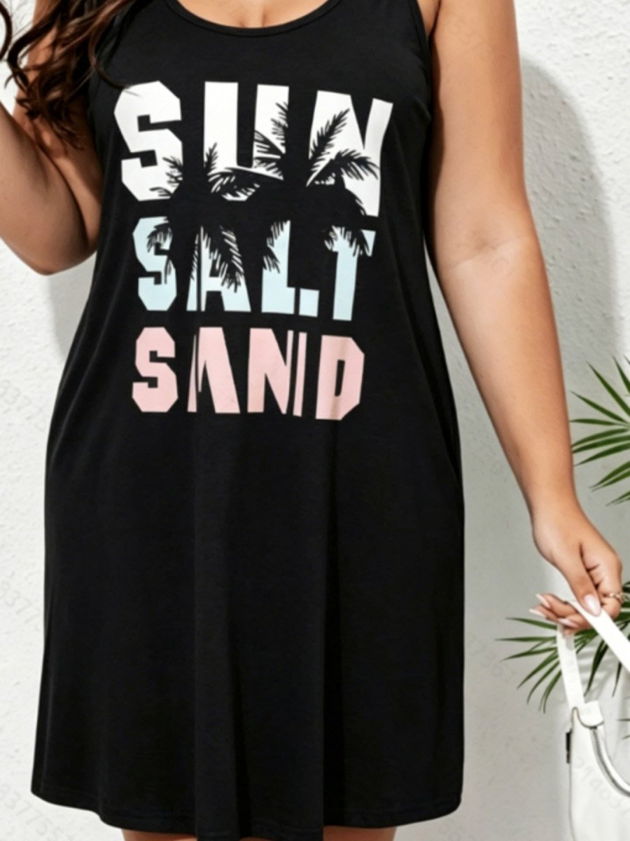 Plus Size Black Graphic Print Sleeveless Nightdress