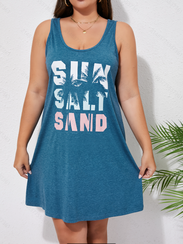 Plus Size Blue Graphic Print Sleeveless Nightdress