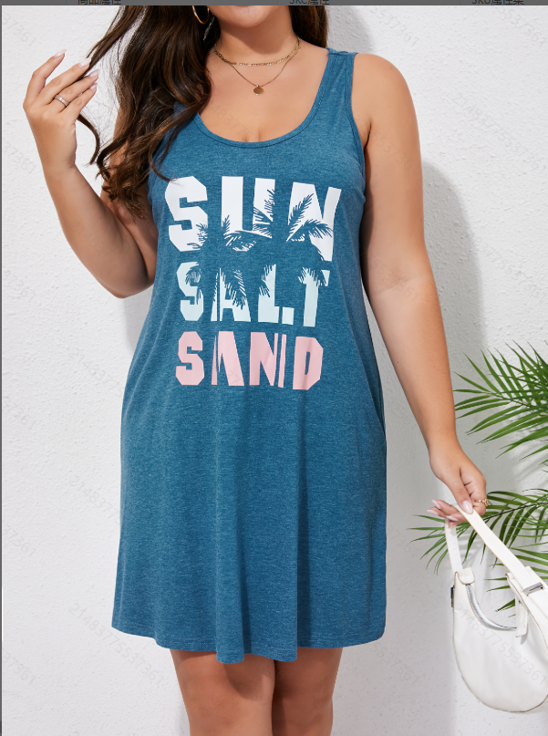 Plus Size Blue Graphic Print Sleeveless Nightdress