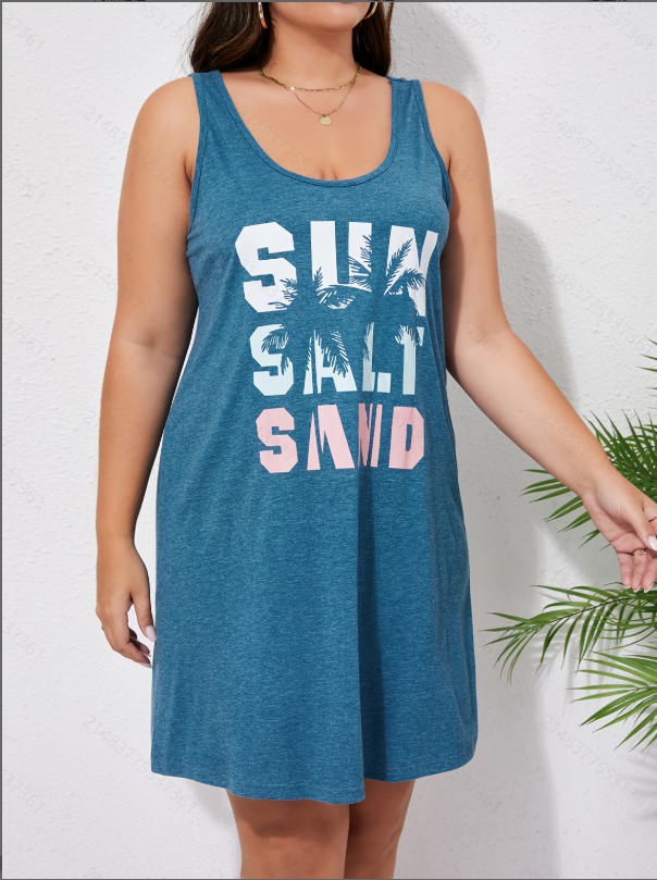 Plus Size Blue Graphic Print Sleeveless Nightdress