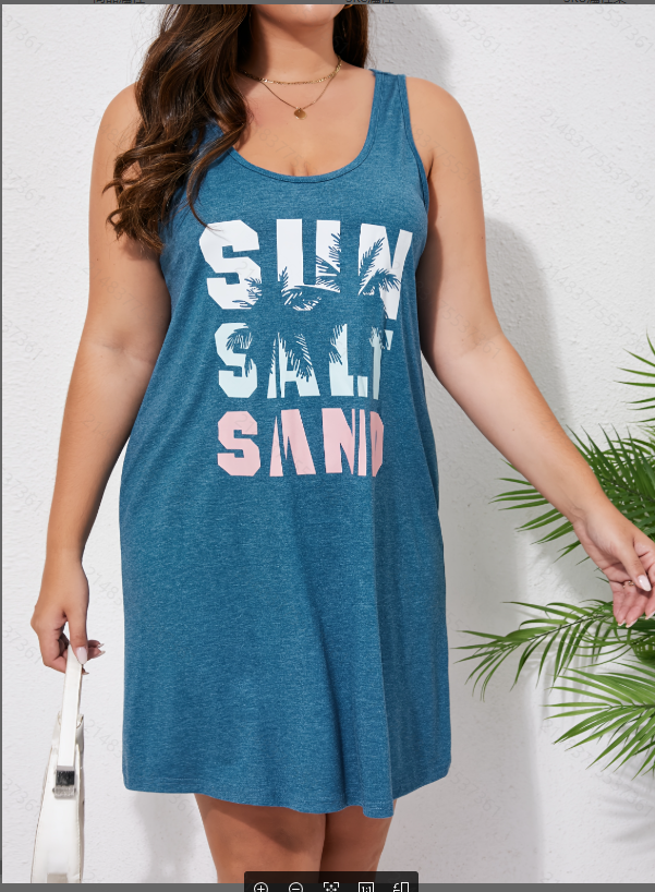 Plus Size Blue Graphic Print Sleeveless Nightdress