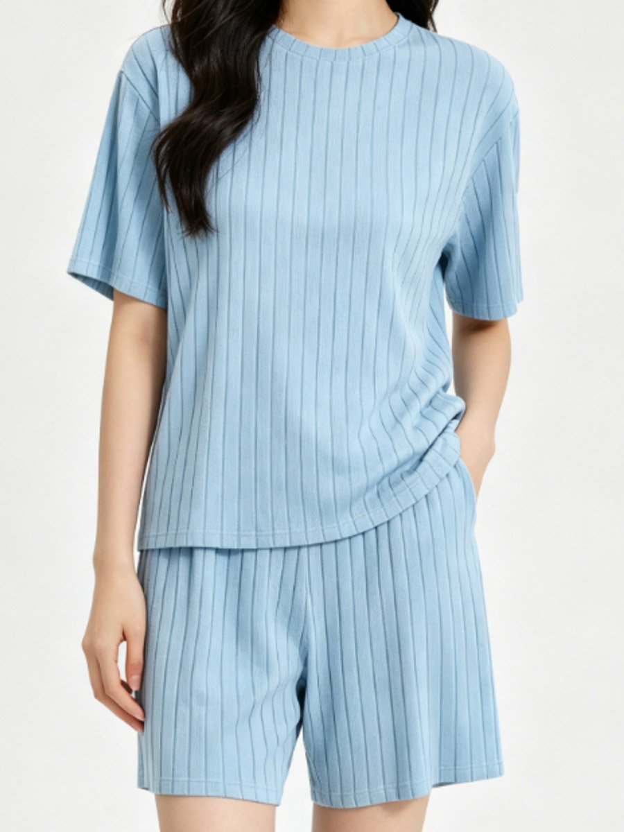 Plus Size Blue Textured T-Shirt and Shorts Pyjama Set
