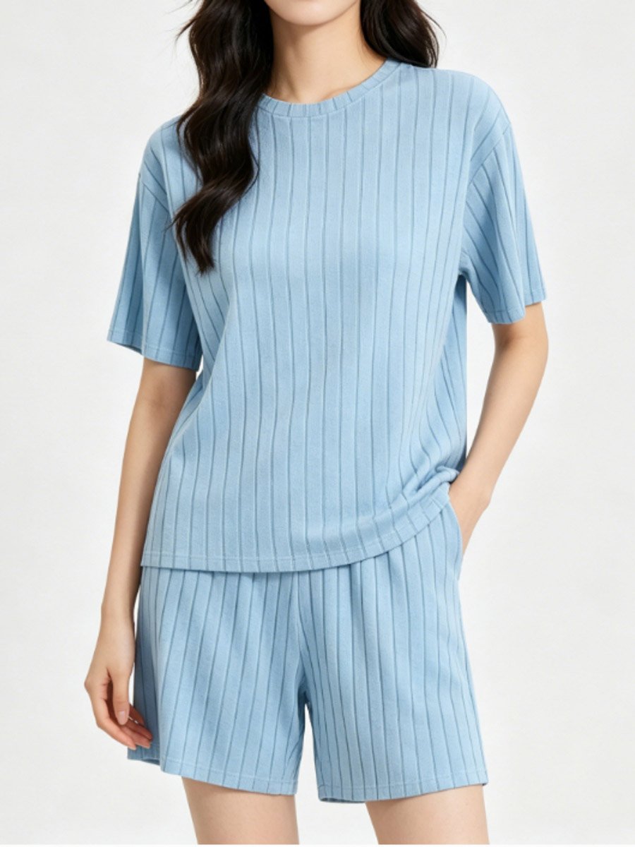 Plus Size Blue Textured T-Shirt and Shorts Pyjama Set
