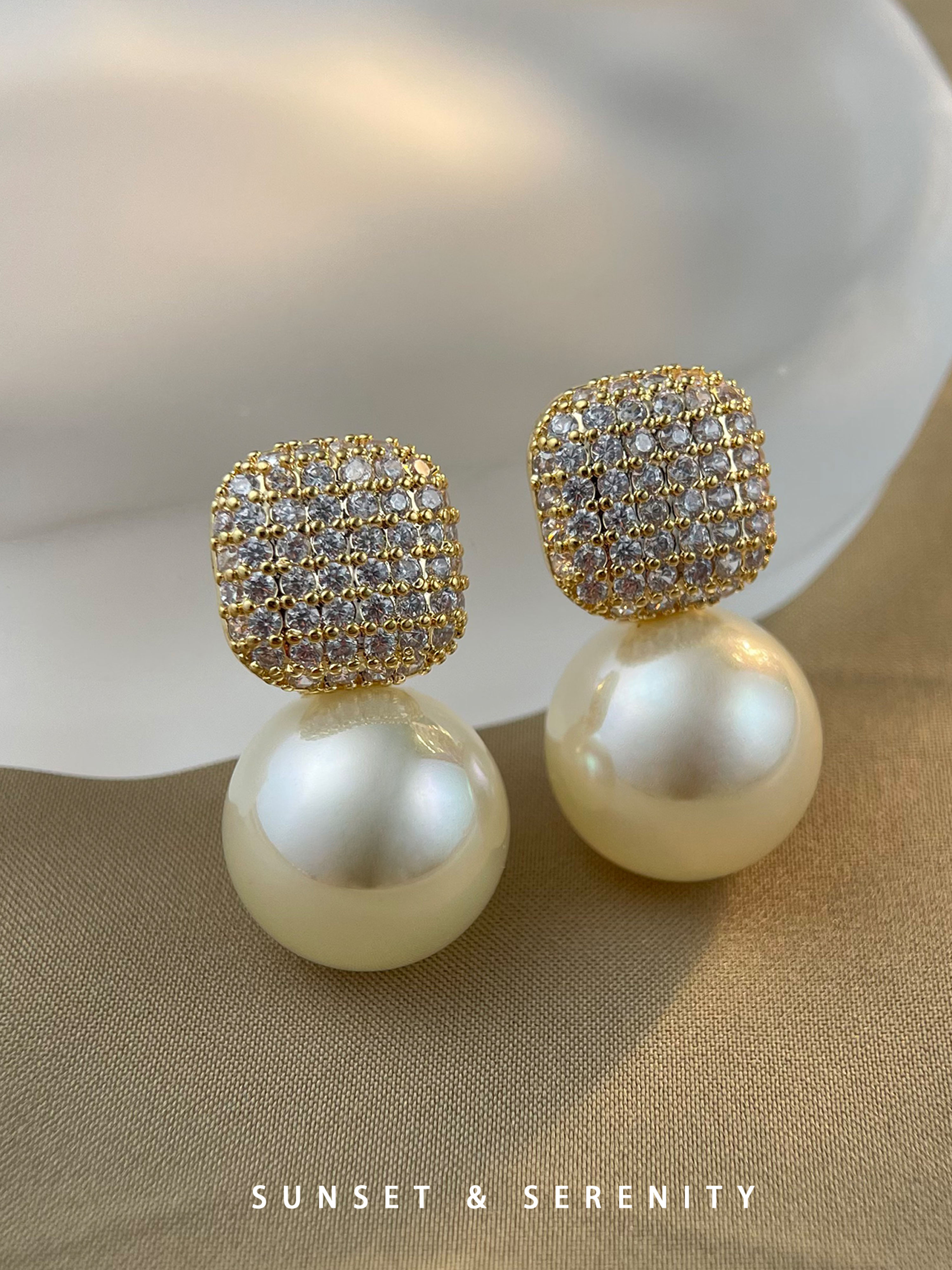 Golden Pave Crystal And Pearl Drop Earrings