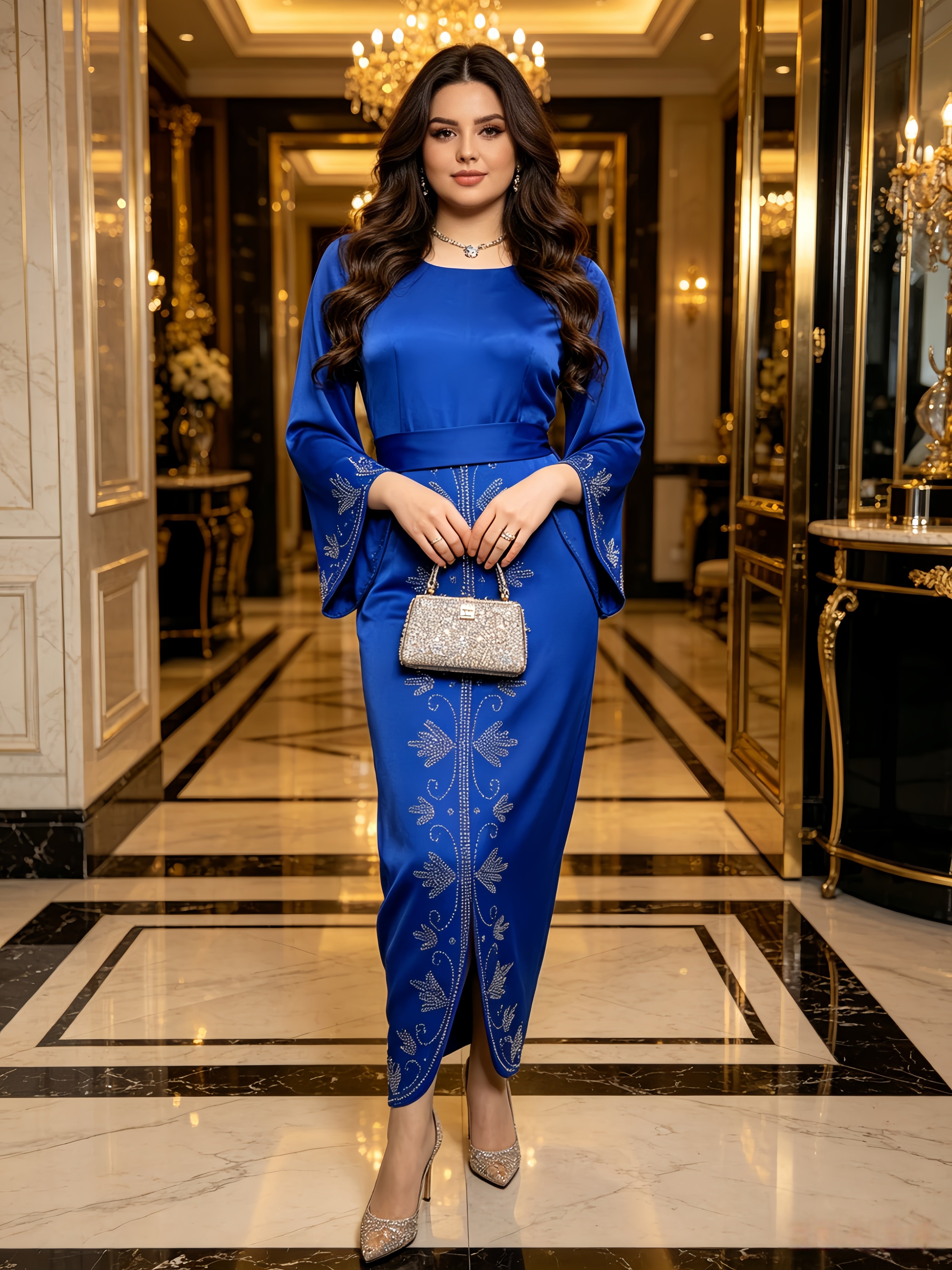 Blue Embellished Long Sleeve Ankle Length Sheath Dress