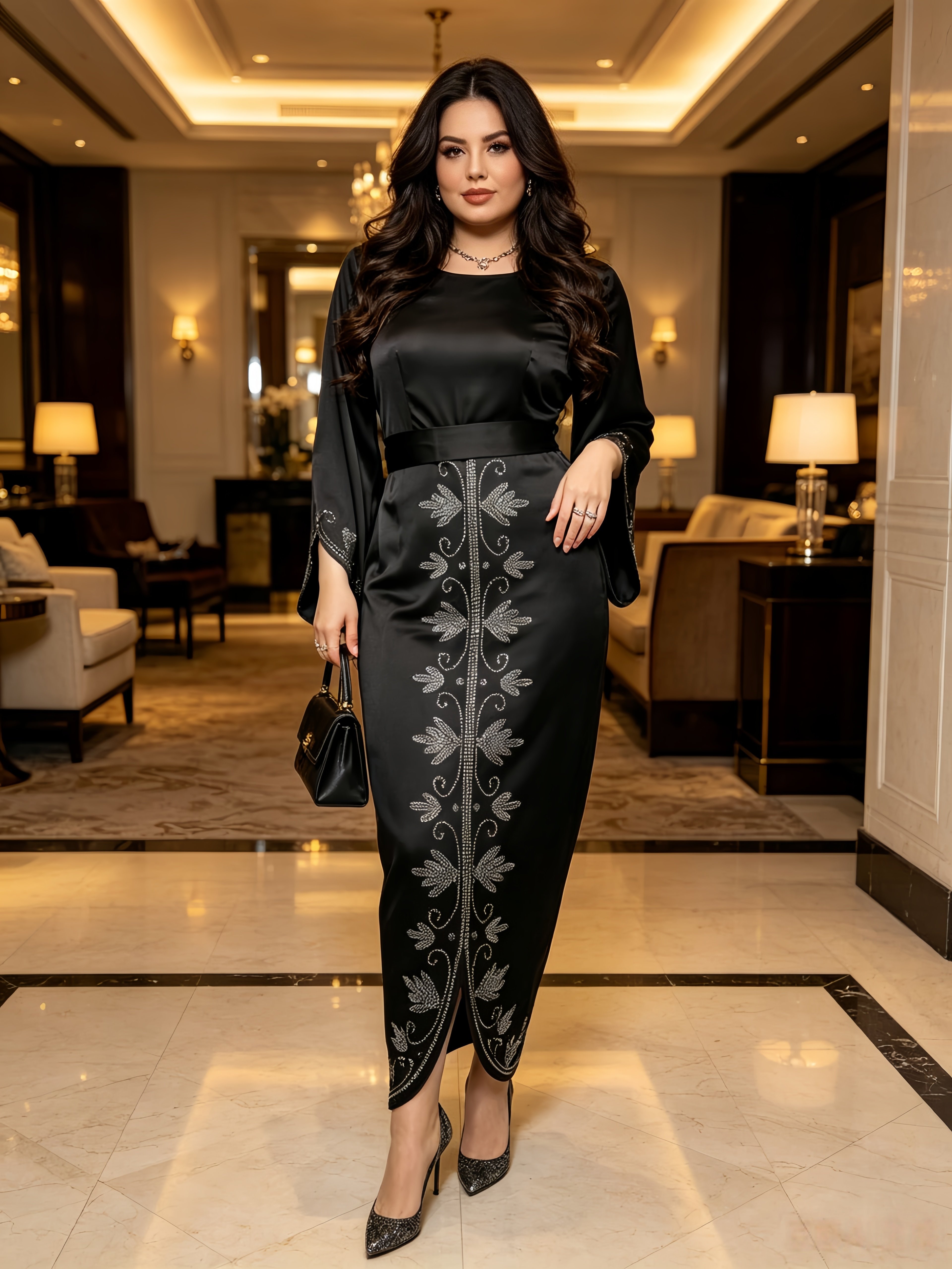Black Embellished Dress with Long Sleeves