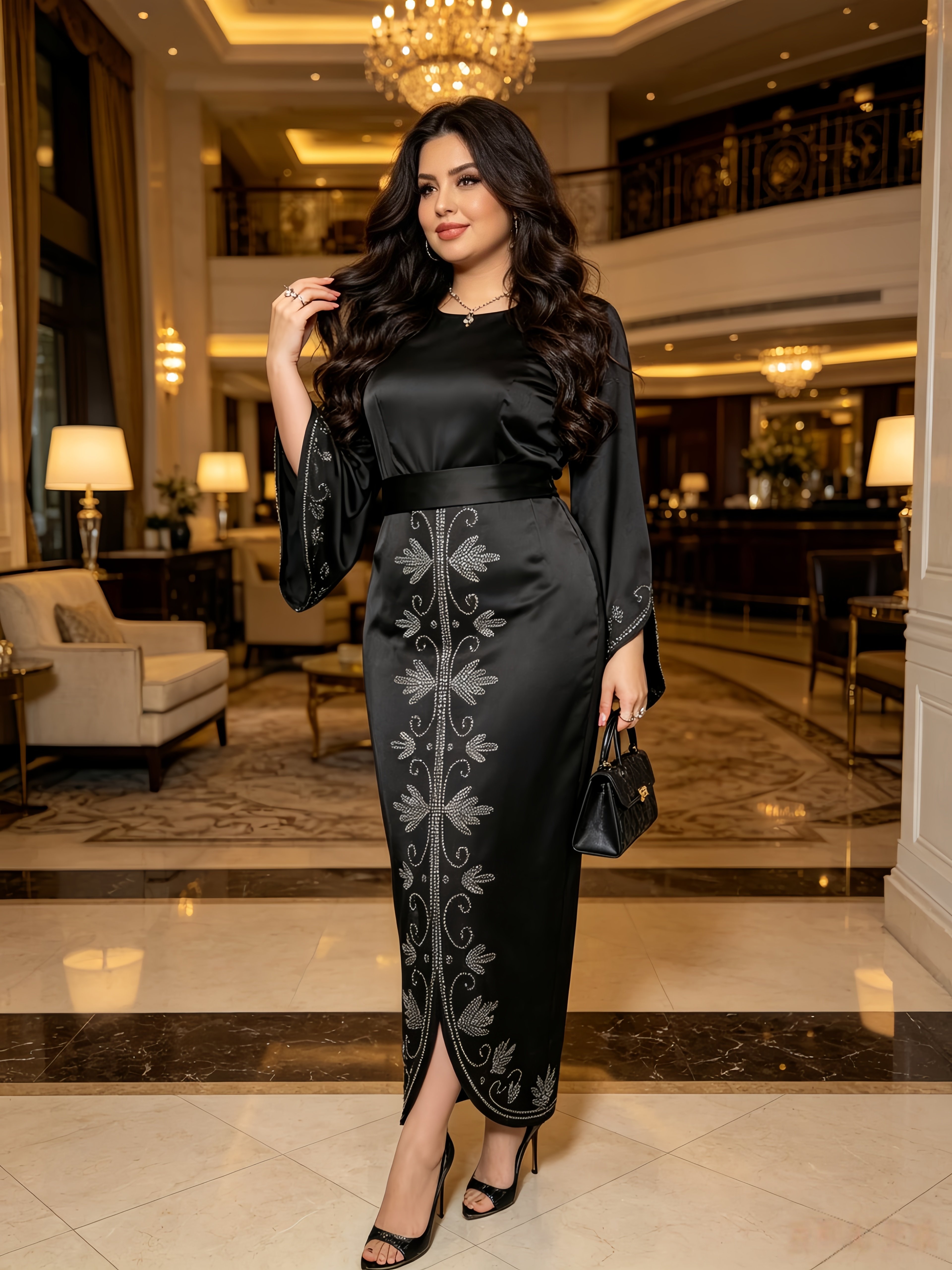Black Embellished Dress with Long Sleeves