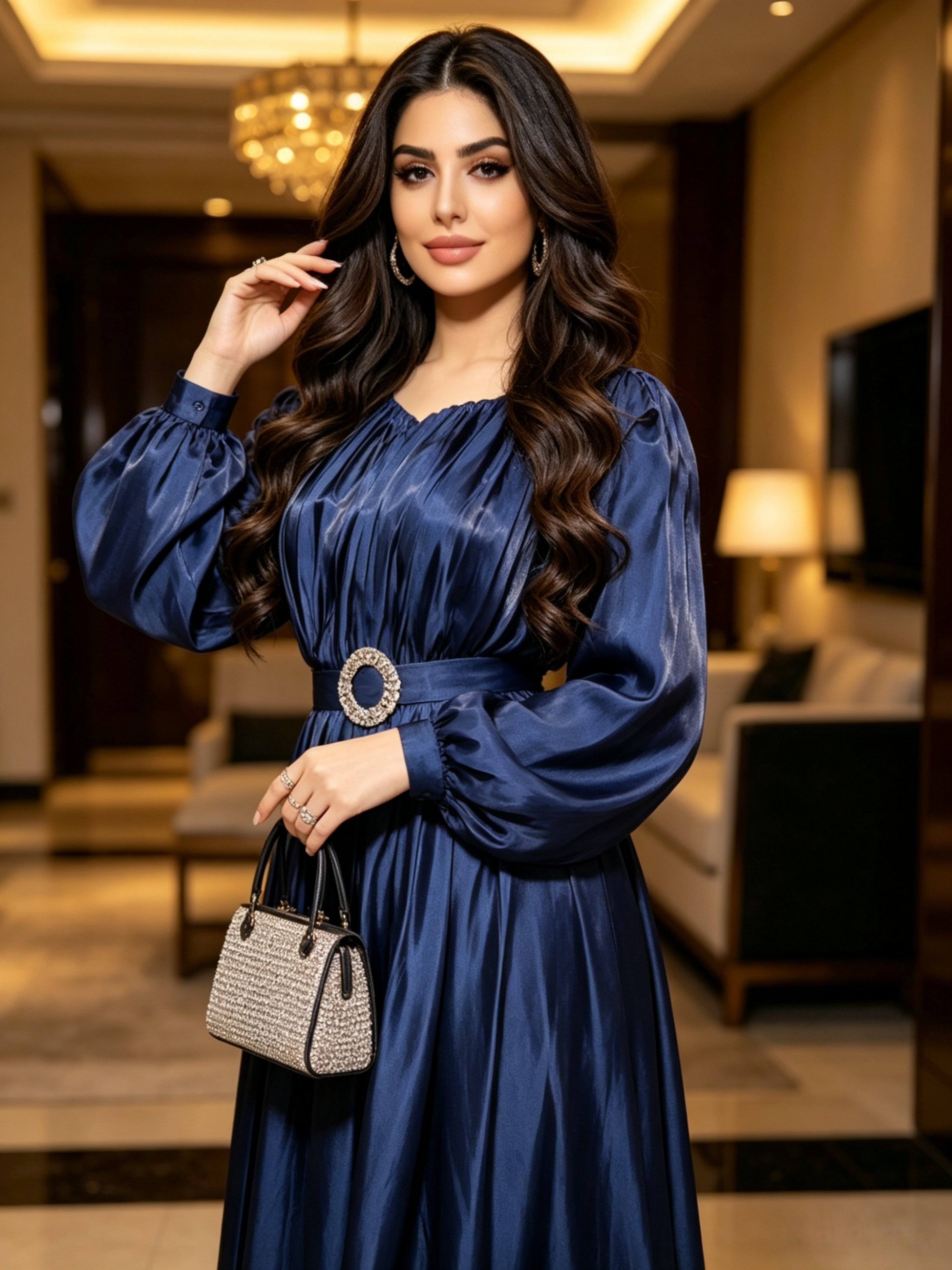 Dark Blue A-Line Ankle-Length Dress with Long Sleeves