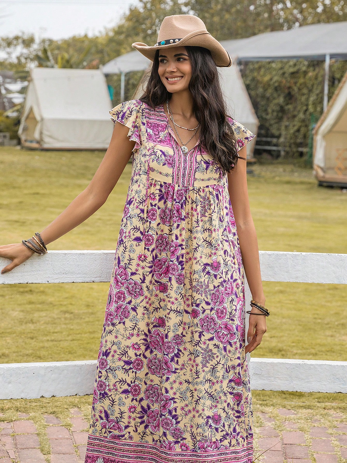 Floral A-Line Ankle Length Dress with Short Sleeves