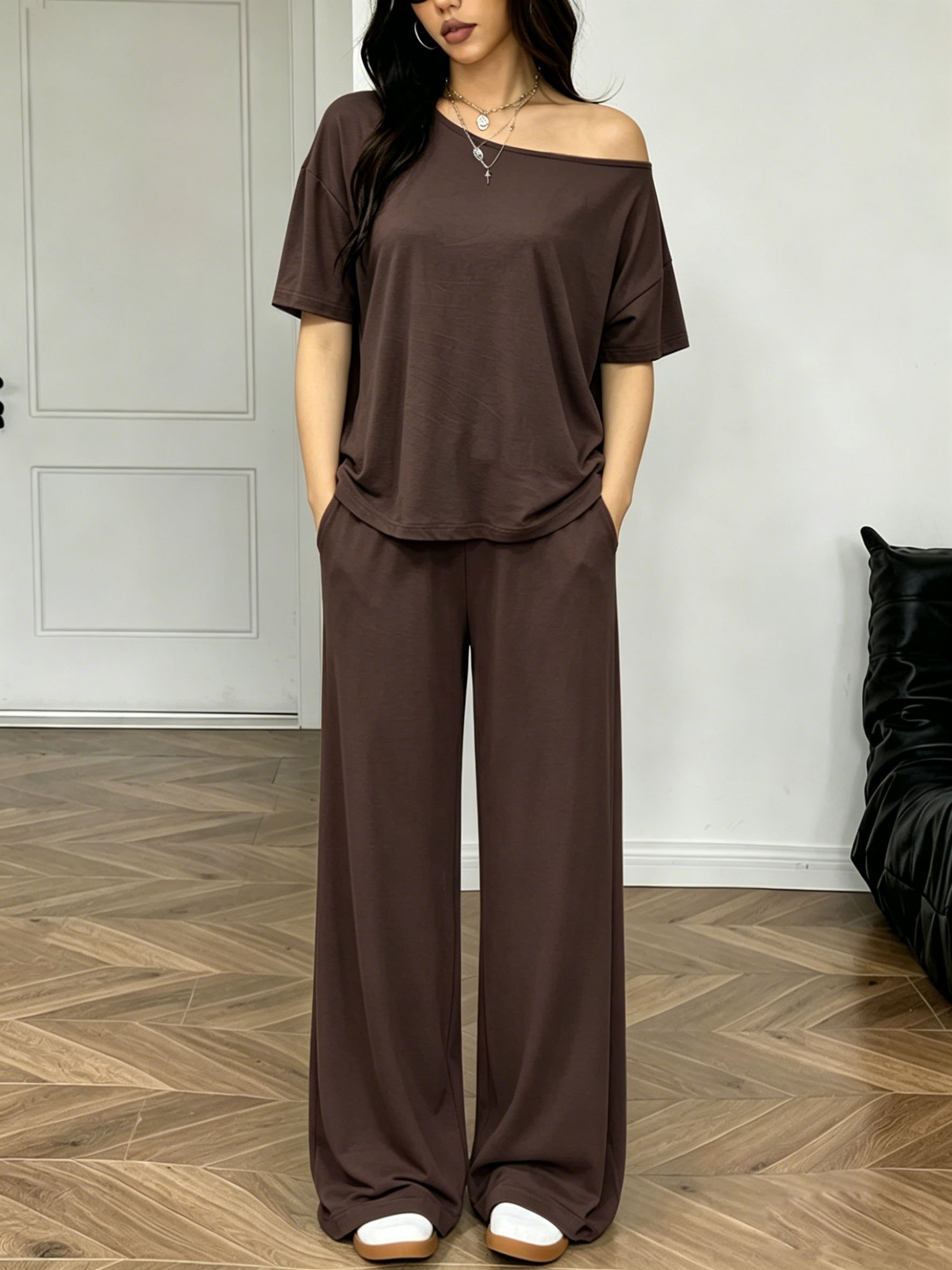 Brown Solid T-Shirt and Straight Leg Co-Ords