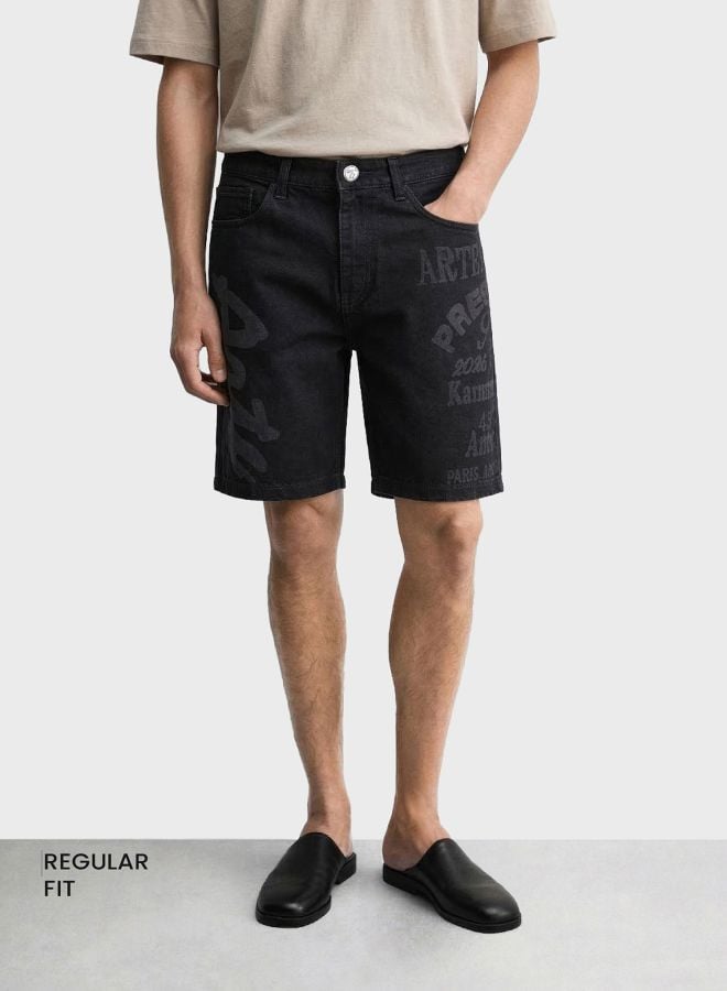 Men Regular Fit Laser Print Mid-Rise Denim Shorts